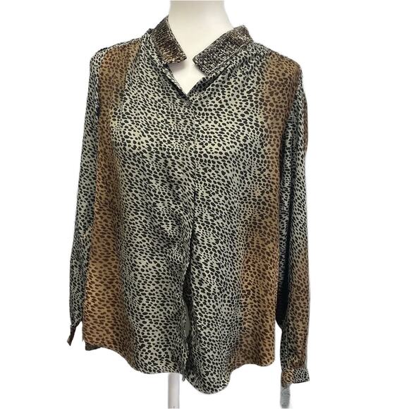 FYLO Womens Medium Cheetah Print Long Sleeve Beaded Collar Button Up Top - Picture 1 of 6